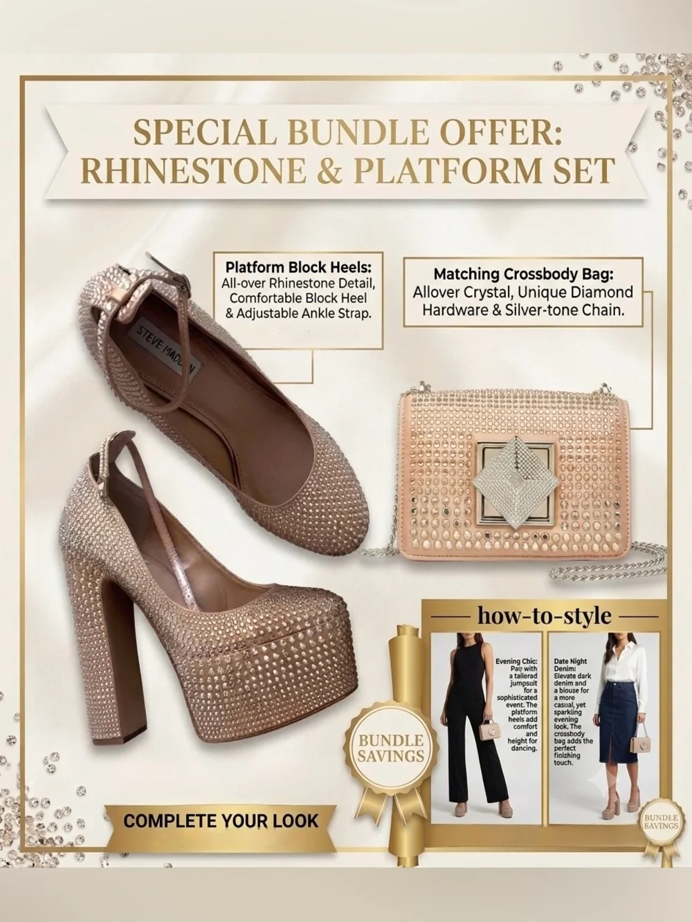 Steve Madden Nude Crystal-Embellished Platform Ankle-Strap Pumps with clutch set